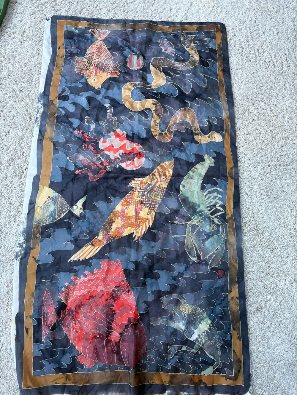 Batik Hand Painted Ocean Life Silk Scarf with Fish Sea Life Grey, Red, Gold